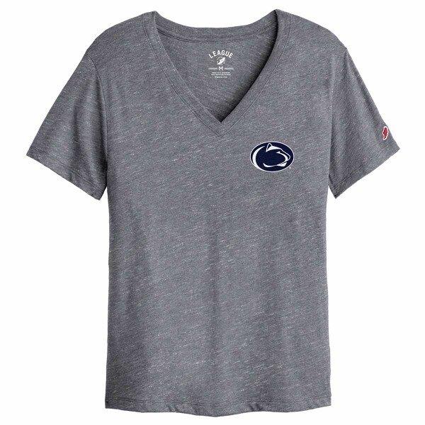 women's short sleeve heather gray v-neck t-shirt with Penn State Athletic Logo on left chest